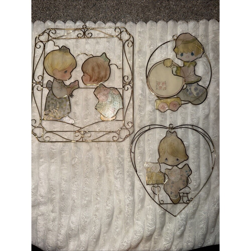 3 Vtg Capiz Shell Decor Sun Catcher Precious Moments Boy Girl Heart Pic Frame